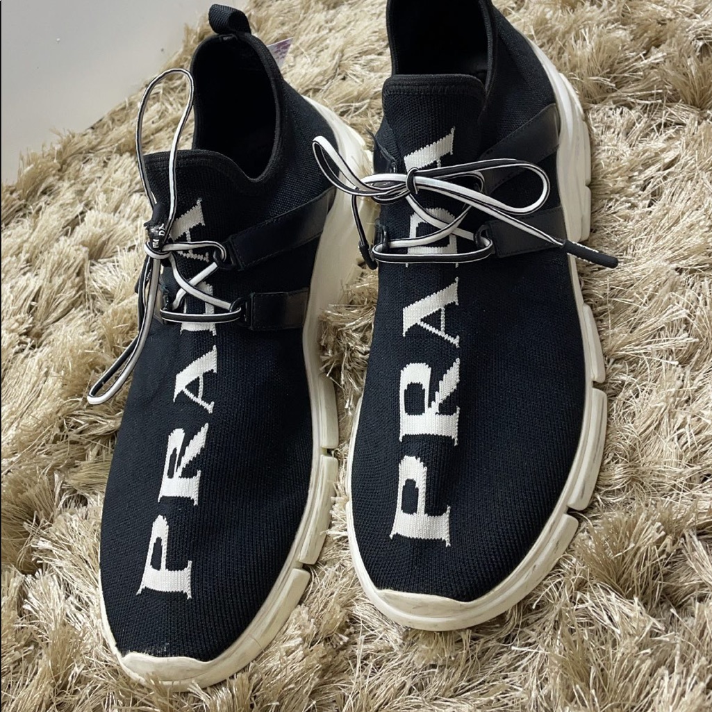 Prada Black And White Knit Logo Sneakers